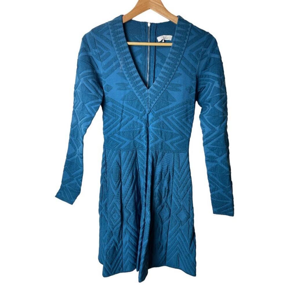 Parker Blue Knit Long Sleeve V-Neck Fit & Flare Dress Women's Size M